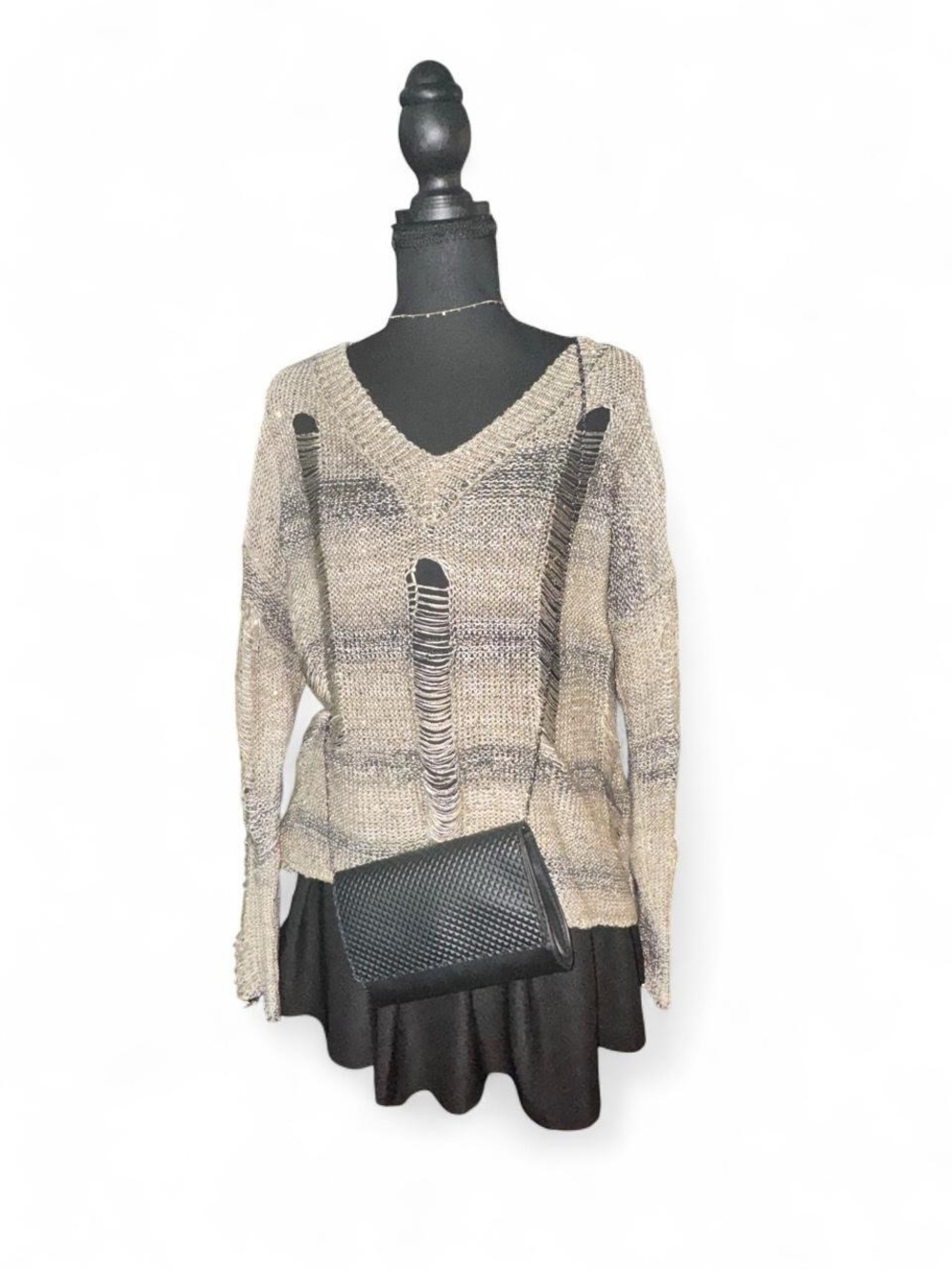 Women's Distressed V-Neck Sweater - Beige